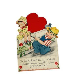 Vintage Mechanical Valentine Greeting Card Boy Girl Bonnet Hat Garden Americard